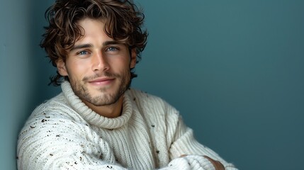 A handsome young man with curly hair and blue eyes smiles softly in a cozy white sweater.