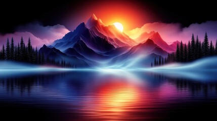 Orange Sun Sets Over Blue Mountains Reflecting in Water Surface Pixelated AI