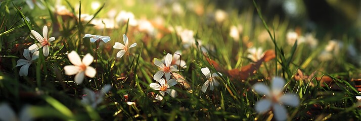 fresh green grass covered in soft flower petals, bathed in warm sunlight.