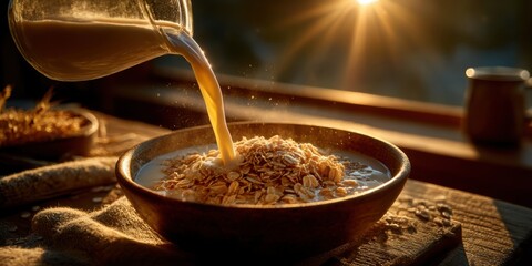 Morning ritual of pouring milk over oats in a cozy kitchen with sunlight streaming through the window