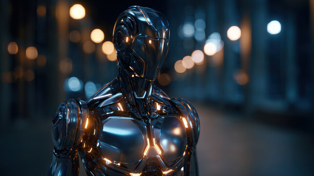A futuristic robot with modular body parts, in an advanced urban setting, glowing lights and reflective surface. Artificial Intelligence, Futuristic
