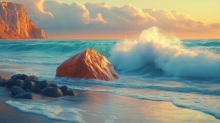 Seascape with Golden Light Splashing Waves on the Rocks Coastal Serenity
