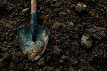 High Definition View of Gardening Concept with Shovel on Soil