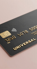 Close-up of black credit card with gold embossed details, showcasing modern payment technology and premium design aesthetic, ideal for finance or banking concepts