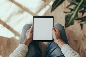 Flawless Image of From Above Man with Tablet on Floor