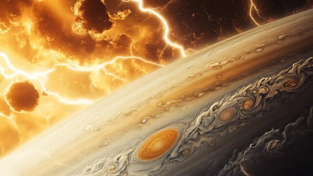 Spectacular Jupiter Atmosphere with Lightning Storms and Swirling Clouds Visual