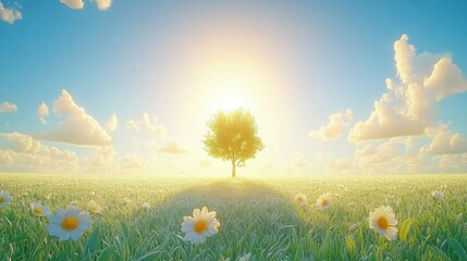 Green Tree in a Field of Flowers at Sunset with Blue Sky and Clouds
