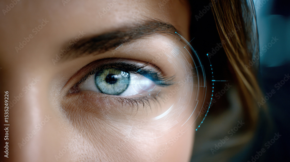 Poster close-up of a robot's eye with high-tech detailing, showcasing advanced sensors and glowing effects.