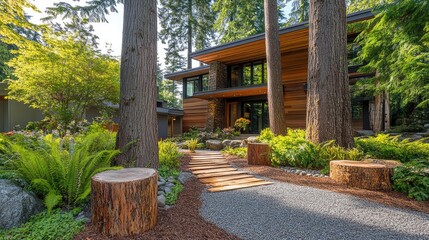 Fototapeta premium Modern house with wooden facade nestled among tall trees and lush greenery, featuring a stone pathway that creates a serene outdoor atmosphere in a tranquil neighborhood.