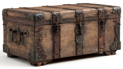 Vintage wooden trunk with metal accents.
