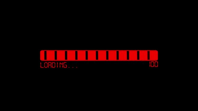 Red loading bar animation, segmented progress indicator filling horizontally on black background, digital loading sequence with block based meter motion showing continuous progress change