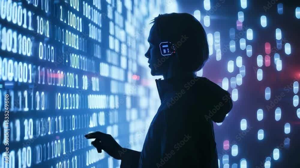 Poster a person wearing futuristic headphones stands before a glowing digital wall covered in binary code a