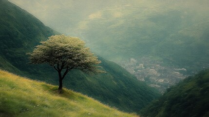 Scenic Mountain Valley Landscape with Solitary Tree in Grassy Field on Summer Day