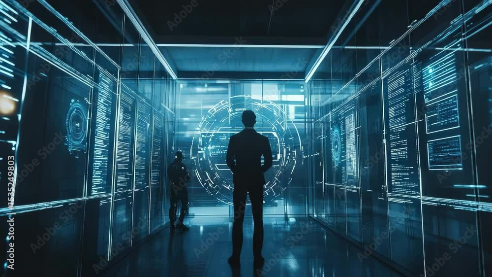 Poster a person stands in a futuristic control room surrounded by glowing digital interfaces and advanced t