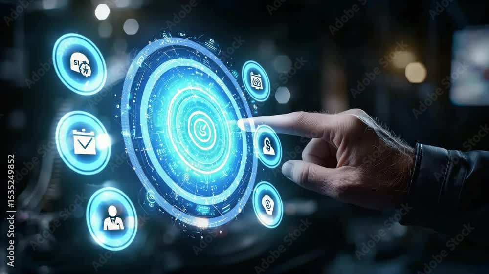 Poster a hand interacts with a glowing blue futuristic digital interface in a dark, high-tech environment.