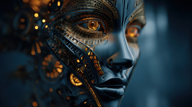 Close-up of a robot's faceplate with intricate mechanical details and glowing elements, futuristic design. Artificial Intelligence, Futuristic 