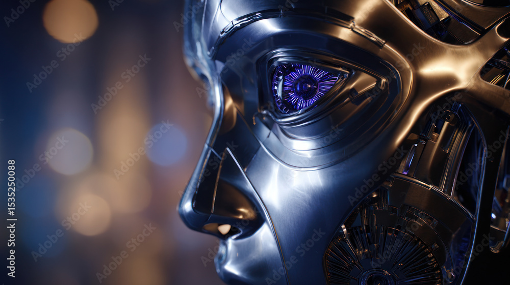 Poster close-up of a robotic face with sophisticated mechanical features, illuminated by soft lighting. art
