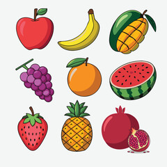 Colorful Cartoon Fruit Icon Set – Apple, Banana, Mango, Watermelon, Strawberry, Orange, Kiwi, Grapes, Pineapple, Pomegranate – Vector Illustration
