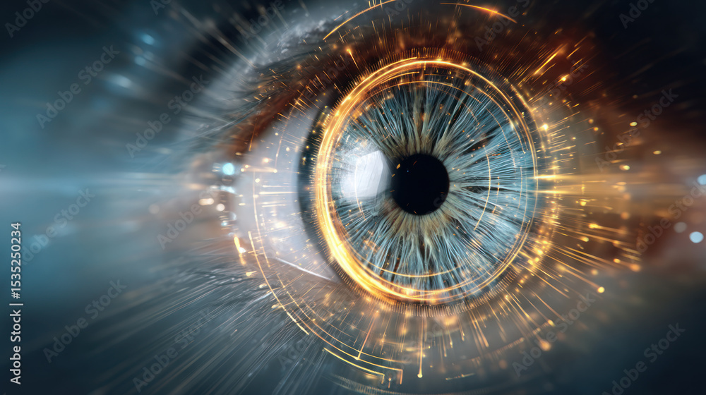 Poster close-up of a modern robotic eye, reflecting light and showing high-tech circuits and sensors. artif