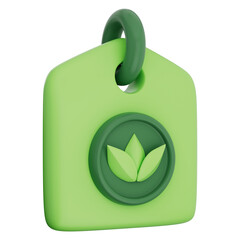 Green eco tag with leaf icon for sustainable energy and nature conservation 3d illustration