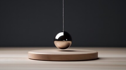 Polished sphere suspended on a string, resting on a wooden base.