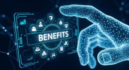 Digital hand interacts with glowing interface displaying word "BENEFITS" and related icons, showcasing employee benefits or corporate advantages