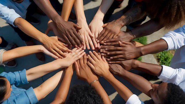 Multicultural group of people joining hands together in unity and teamwork from top down perspective