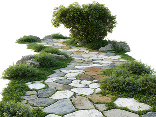Winding stone path through lush greenery.