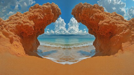 Scenic Sandy Beach Rock Formation With Turquoise Water And Blue Sky
