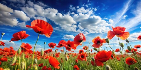 Obraz premium A field of red poppies swaying gently in the breeze under a clear blue sky with a few white clouds