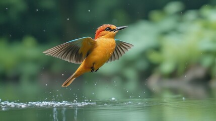 Rufous-backed Kingfisher Flying Over Water Surface in Lush Green Scenery