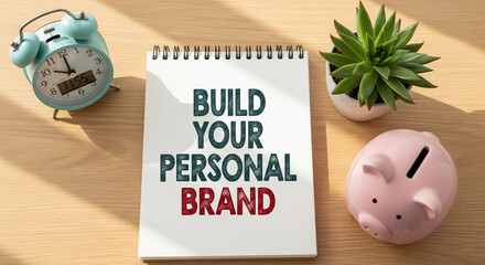 Notepad on wooden surface displays "Build Your Personal Brand", surrounded by clock, succulent, piggy bank, symbolizing personal branding strategy and time management