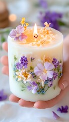 A hand-held candle adorned with pressed flowers.