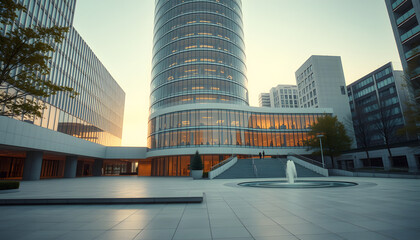 Modern skyscraper with glass facade surrounded by urban area  