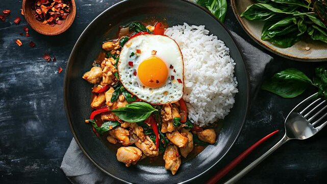 Authentic Thai Basil Chicken (Pad Krapow Gai) with Fried Egg 