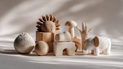 Wooden toys for creative play and decoration.