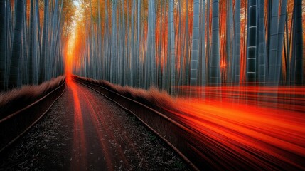 Blurred Motion Through Tall Tree Forest with Warm Light Streaks Visual Style