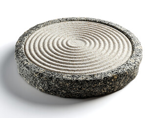 Zen garden stone with swirling sand design.