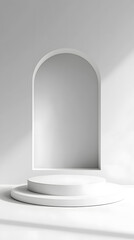 Minimalist white scene with a circular pedestal and arched recess