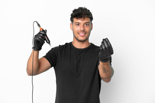 Tattoo artist caucasian man isolated on white background making money gesture