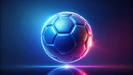 Fototapeta premium Glowing neon soccer ball suspended in mid-air against a deep blue background with subtle gradient effects and a hint of purple hue, glowing, futuristic