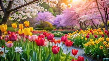 Fototapeta premium Vibrant tulips and daffodils blooming in a serene Asian garden amidst lush greenery and vibrant cherry blossoms, asian garden, cherry blossom