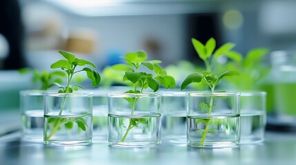 Young plants growing in clear glass containers.