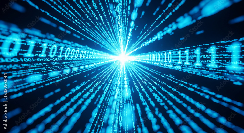 Poster abstract image of blue binary code streams converging, creating a bright center, symbolizing data fl