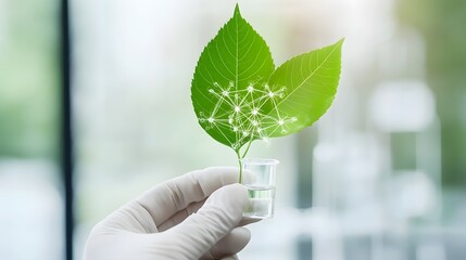 Green leaf in a beaker, displaying interconnected network.
