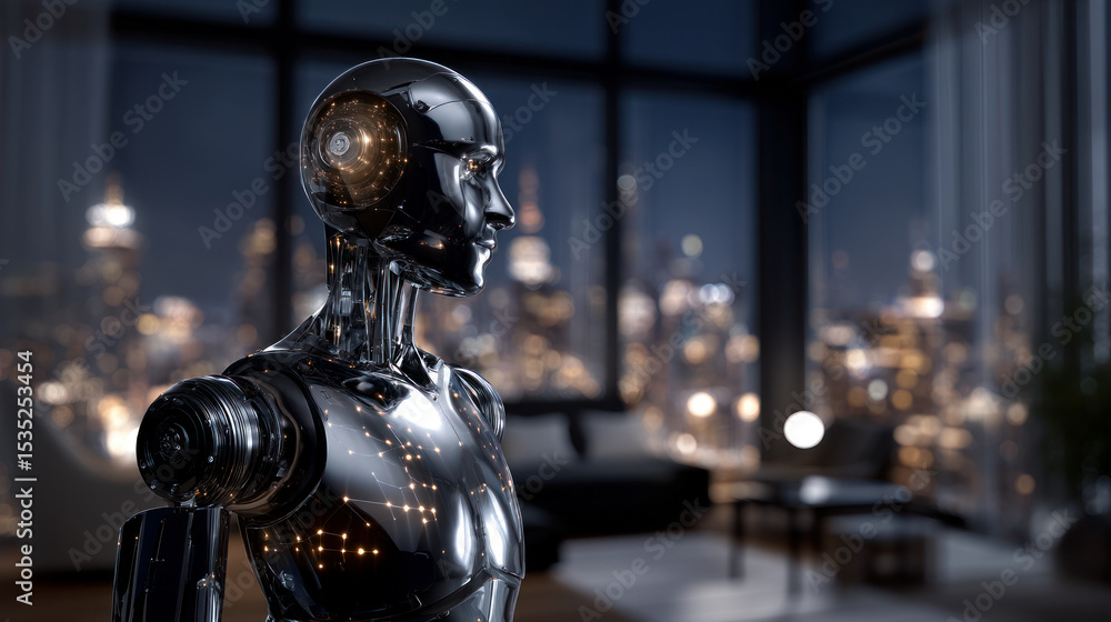 Poster a highly advanced robot with an ai interface, illuminated by ambient lighting in a futuristic office