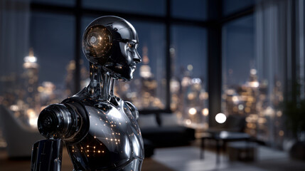 Fototapeta premium A highly advanced robot with an AI interface, illuminated by ambient lighting in a futuristic office. Artificial Intelligence, Futuristic Digital Technology, Metaverse of Digital Intelligent World