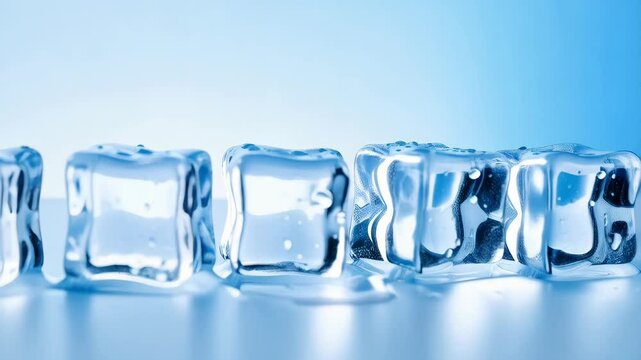 Five translucent ice cubes in a horizontal row showing melting water drops against a light blue background