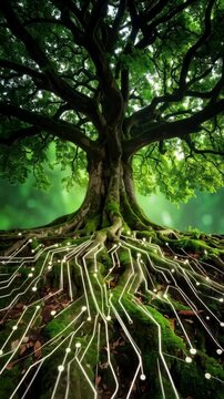 Green tree with glowing circuit patterns intertwined among mossy roots in nature