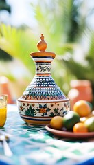 Ornate ceramic jar with floral design on a table.
